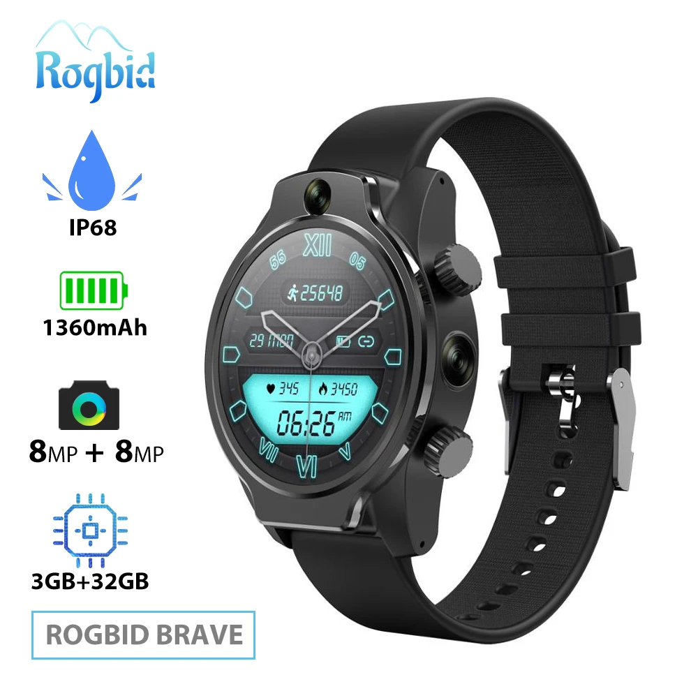 Смарт часы Rogbid Brave 4G телефон SIM GPS WIFI умные для мужчин 3 ГБ 32 IP68 водонепроницаемые 5ATM