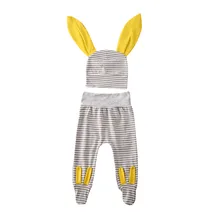 Комплекты одежды из хлопка для новорожденных мальчиков и девочек, полосатые штаны с длинными ушками, штаны с теплым капюшоном