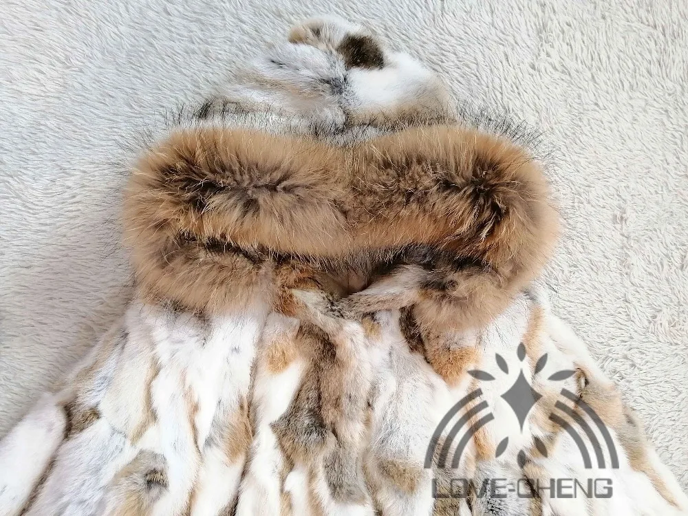 Новое подлинное натуральное пальто из натурального кроличьего меха с большим капюшоном из меха енота Женская длинная модная куртка женская верхняя одежда с меховым поясом