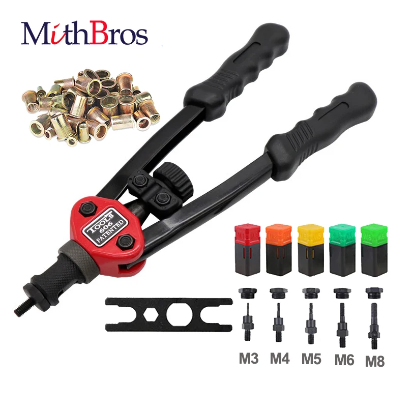 MithBros Rivet Gun Hand Rivet Nut Tool Blind Riveter Rivet Nut Setter Kit for Inserting Threaded Nut Rivet with 5pcs Mandrels afbeelding