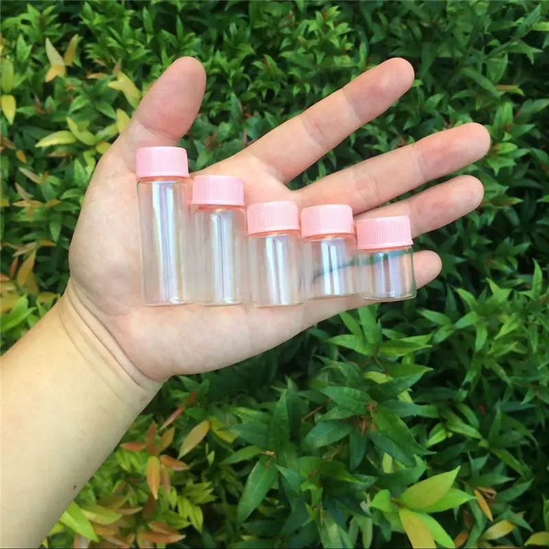 

Diameter 22mm Clear Glass Jars Pink Plastic Cap 5ml 6ml 7ml 10ml 14ml Vitreous Bottle Crafts Exhibits Perfume Vials 100Pcs