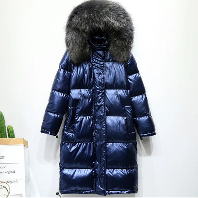 Blue with fur collar Женский пуховик зима супер длинные до колена негабаритный меховой воротник корейская мода перо с капюшоном Теплый пуховик хлопковая куртка женская - Цвет: Blue with fur collar