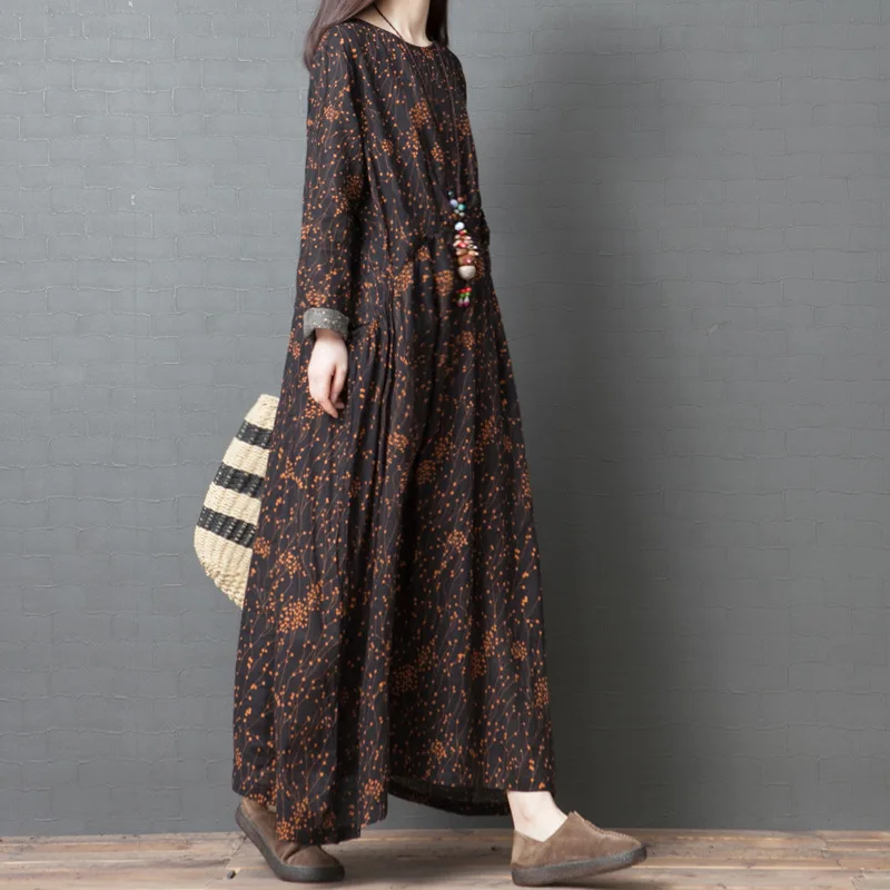 

Spring Clothing New Style 2019 Korean-style Loose And Plus-sized WOMEN'S Dress-Style Cotton Linen Printed Long Long-sleeved Dres