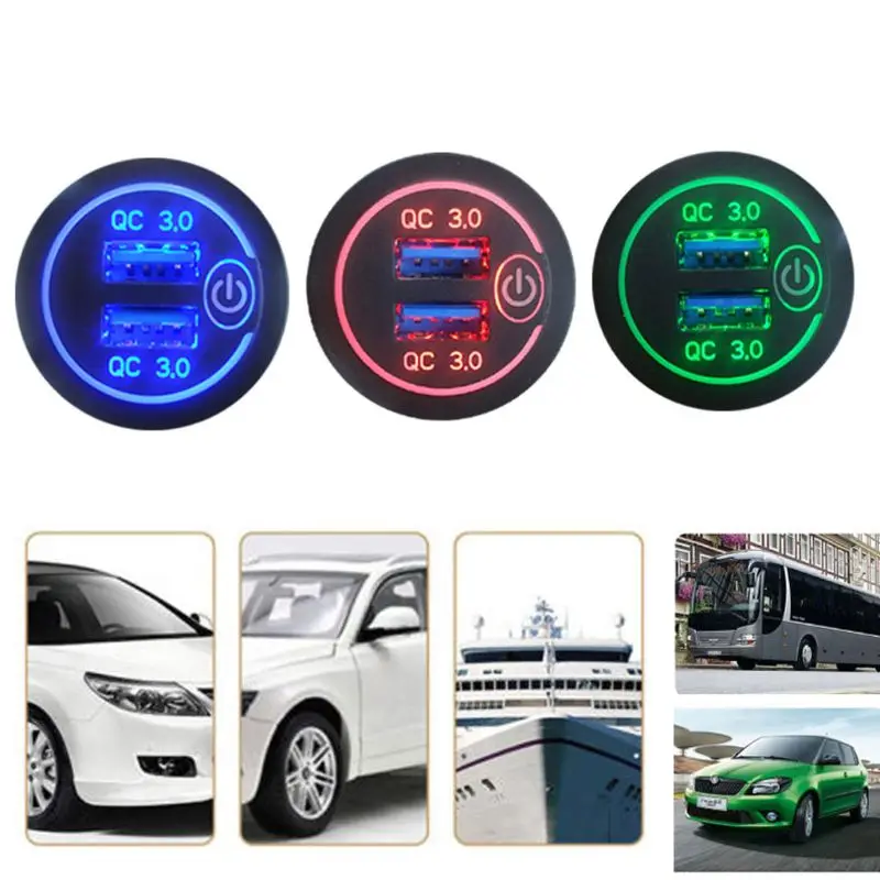 12V/24V Dual USB QC 3.0 LED Fast Charger Touch Switch for Car Boat Motorcycle 72XB