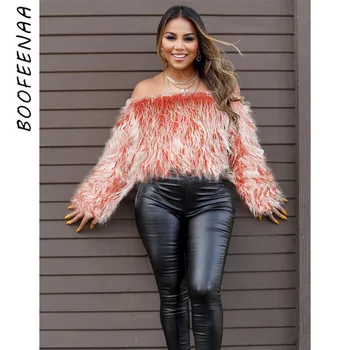 

BOOFEENAA Faux Fur Fuzzy Sexy Off The Shoulder Sweater Women Winter Clothes Casual Crop Tops Fringe Pullover Jumper C48-AE29