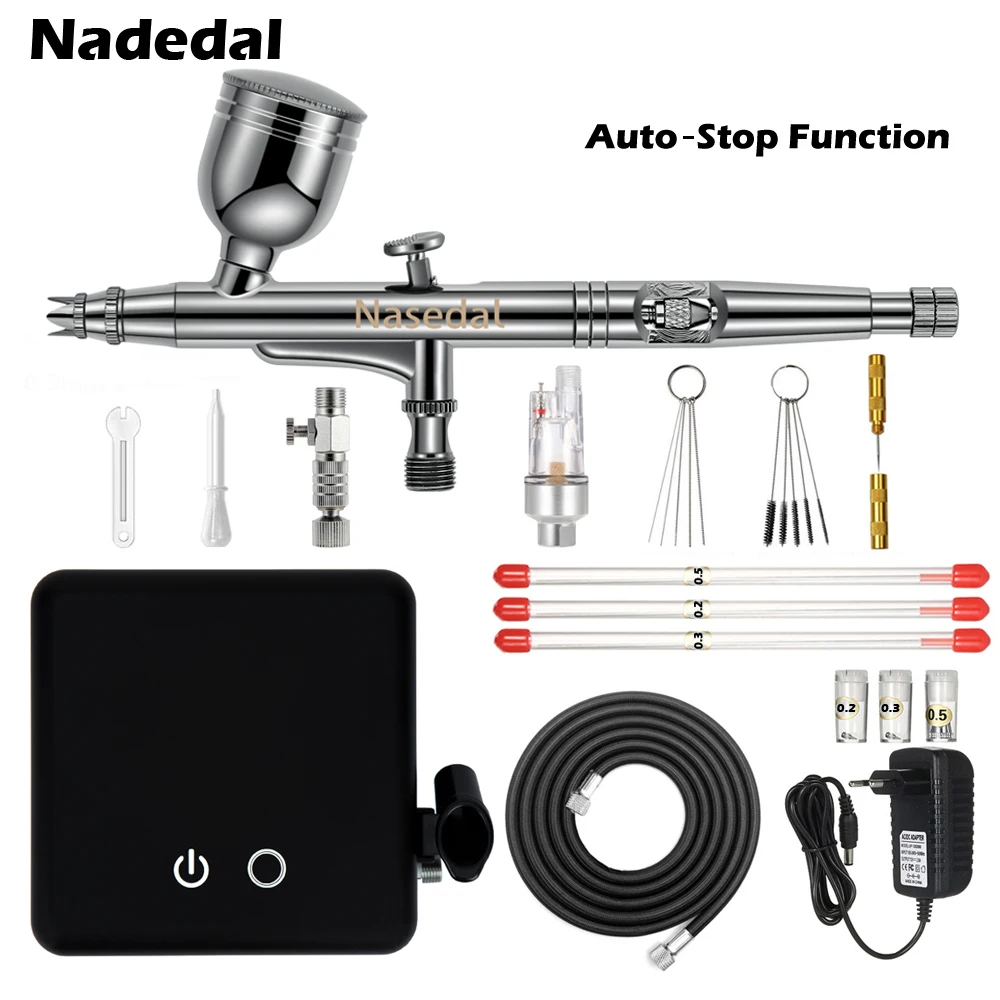 Nasedal Auto-Stop Function Airbrush Compressor 0.3mm 7cc Dual-Action Airbrush Spray Gun for Model Cake Painting Nail Art Car
