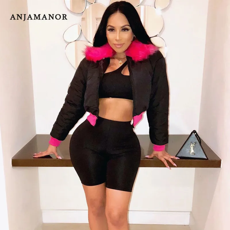 ANJAMANOR Fashion Winter Jacket Women Crop Bubble Coat with Faux Fur Collar Plus Size Puffer Overcoat Windbreaker D30-BZ69