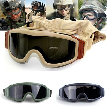 Military Airsoft Tactical Goggles Shooting Glasses Motorcycle Windproof Paintball CS Wargame Goggles 3 Lens Black Tan