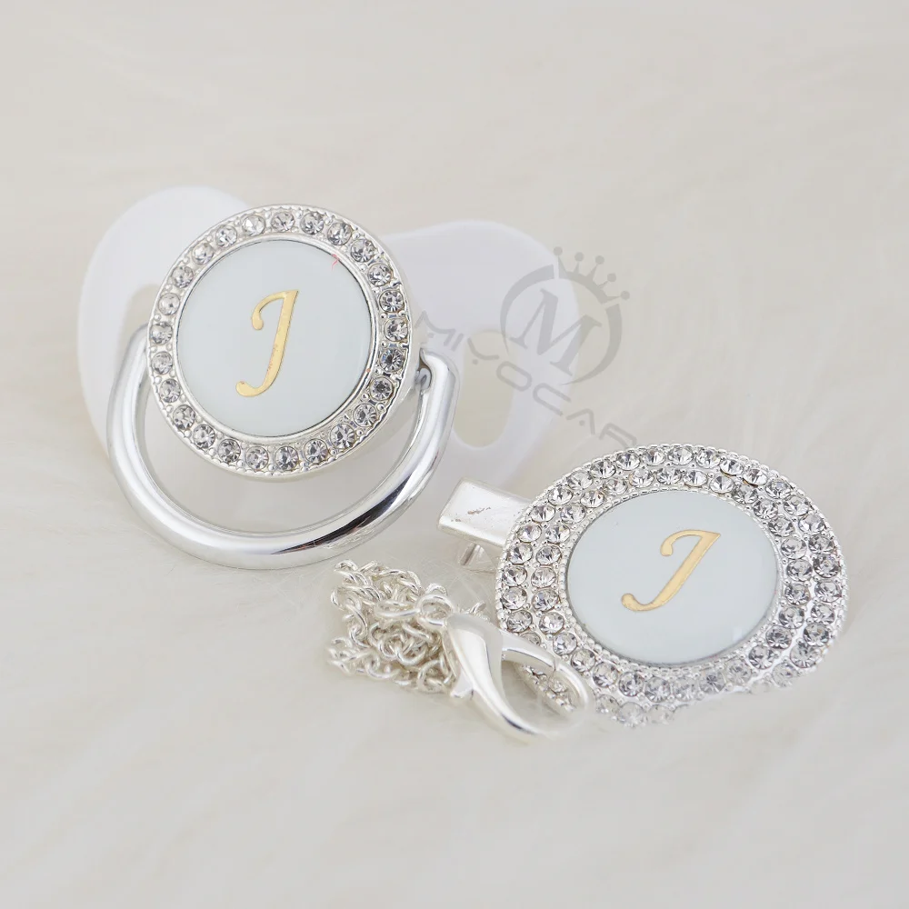 BLING silver bling pacifier and pacifier clip set name Initials letter J unique BPA free dummy bling baby shower gift LJ-1