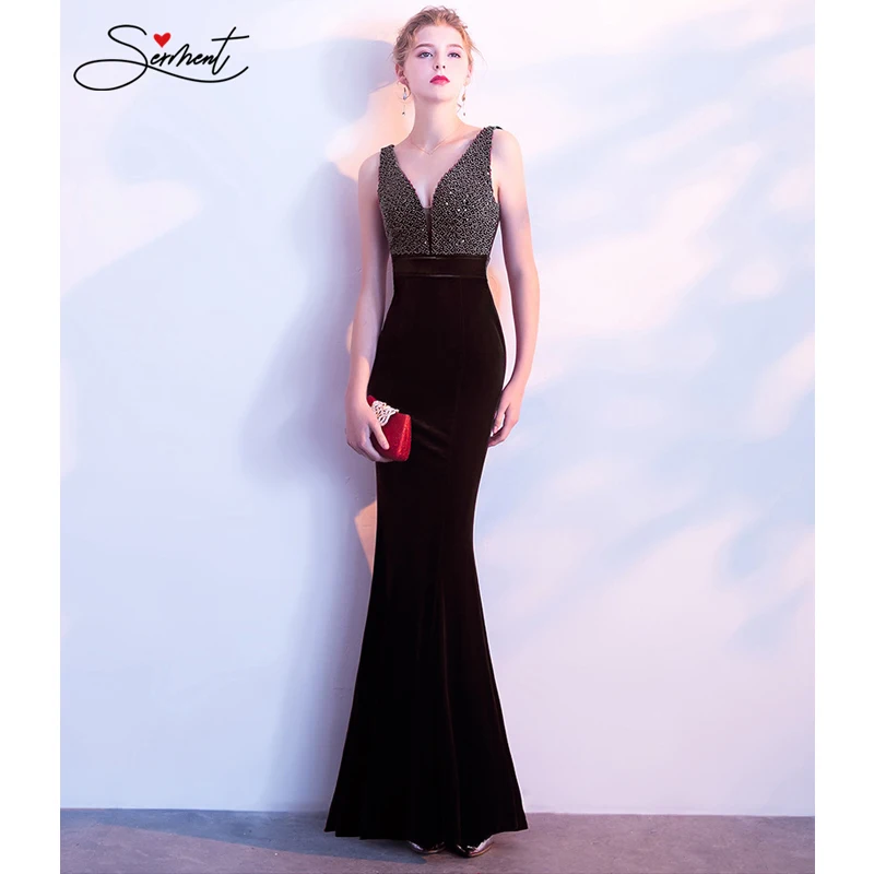 SERMENT Elegant Mermaid Vintage Evening Dress Crystal Beading Chiffion V-neck Suitable Party Cocktail Club Nightclub Occasions