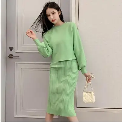Green REALEFT осенне-зимняя Корейская трикотажная одежда Комплекты из 2 предметов трикотажные пуловеры с длинными рукавами и Трикотажный жилет, костюмы с платьем - Цвет: Green