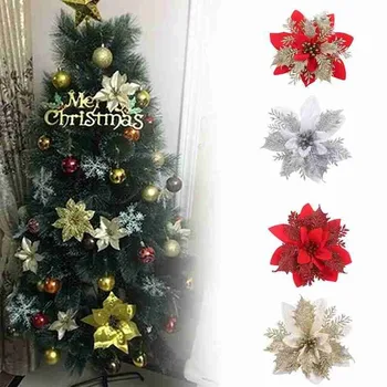 

1/2/5pcs Glitter Flower Artificial Flowers Decoration Poinsettia Christmas Tree Fake Flowers Decor Xmas Ornaments Glitter Flower
