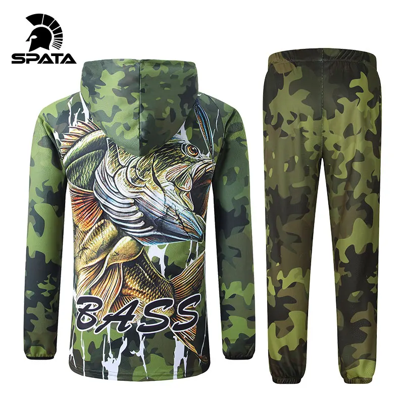 

SPATA New BASS Fishing Clothes Anti UV Sun Protection Long Sleeve t Shirt men Camouflage Pants Fishing Jacket Set Shirt Clothing