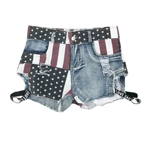 Shorts Women's Shorts  America Flag Jeans High Waist Hole Pockets Mini Shorts Jeans Polyester Jean Shorts Women Summer