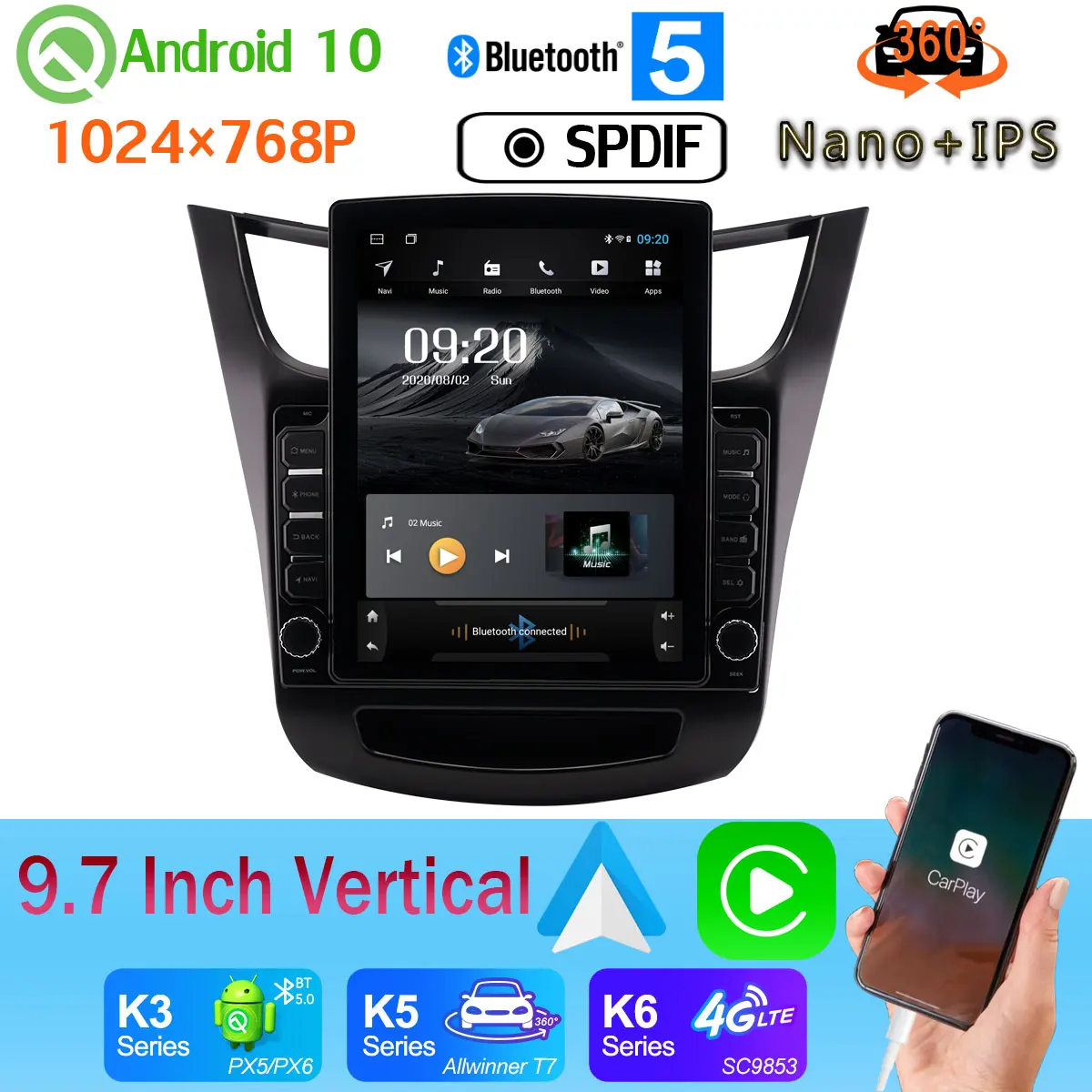 360 панорамная камера Nano + IPS 9 7 &quotвертикальный автомобильный медиа-плеер GPS CarPlay