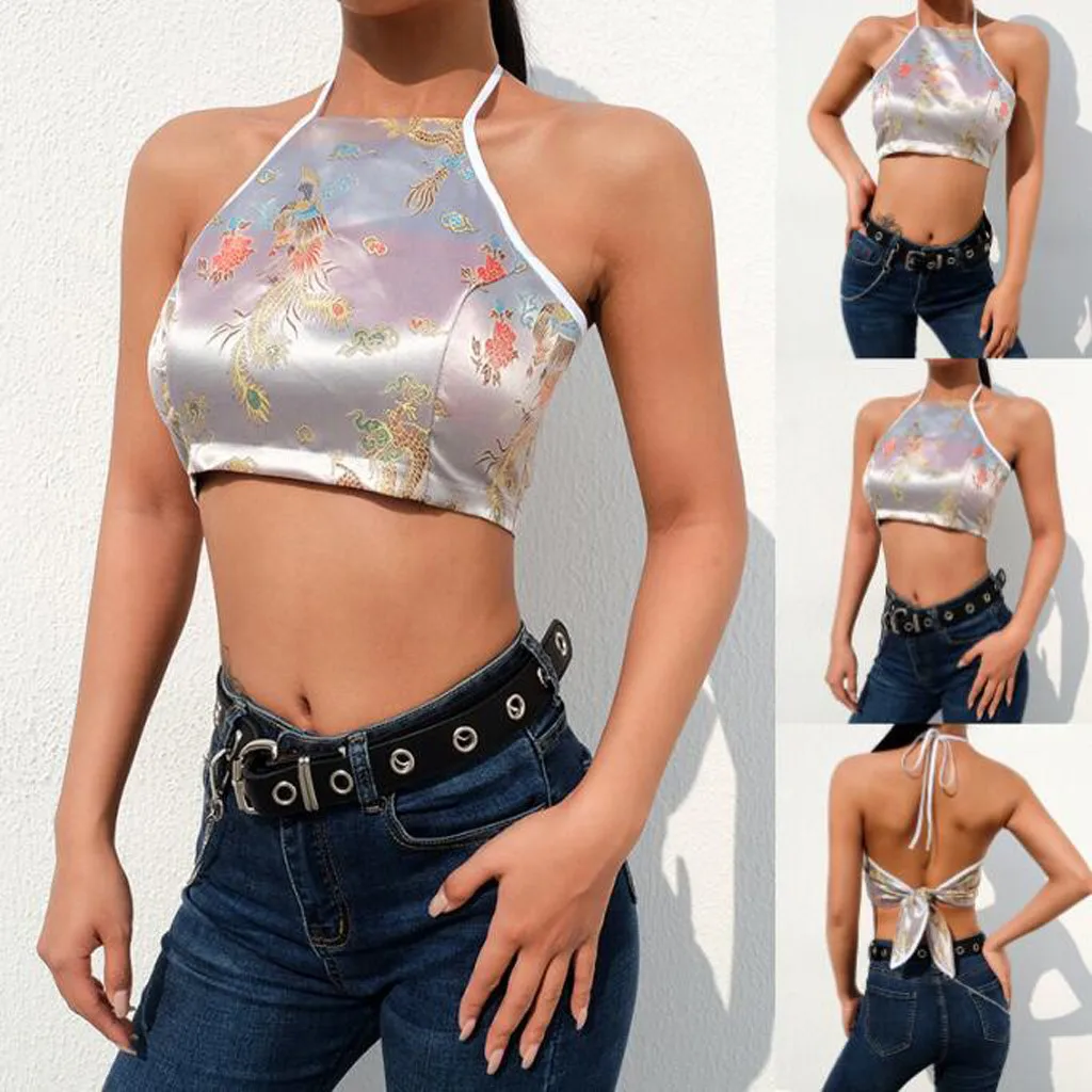 

crop top майка женская Ladies sexy Chinese style hanging neck camisole vest inside crop top women tops mujer verano 2019 12X