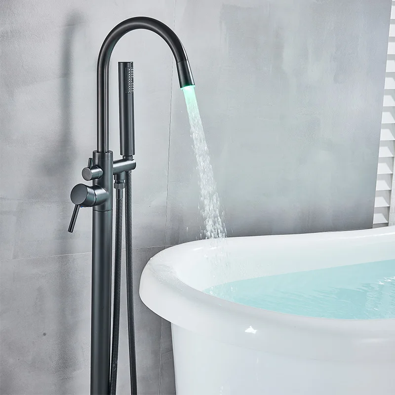 Роскошный элегантный Orb черный высотный круглый смеситель для ванны с изливом напольный кран для ванны/душа смеситель набор - Цвет: Black-LED