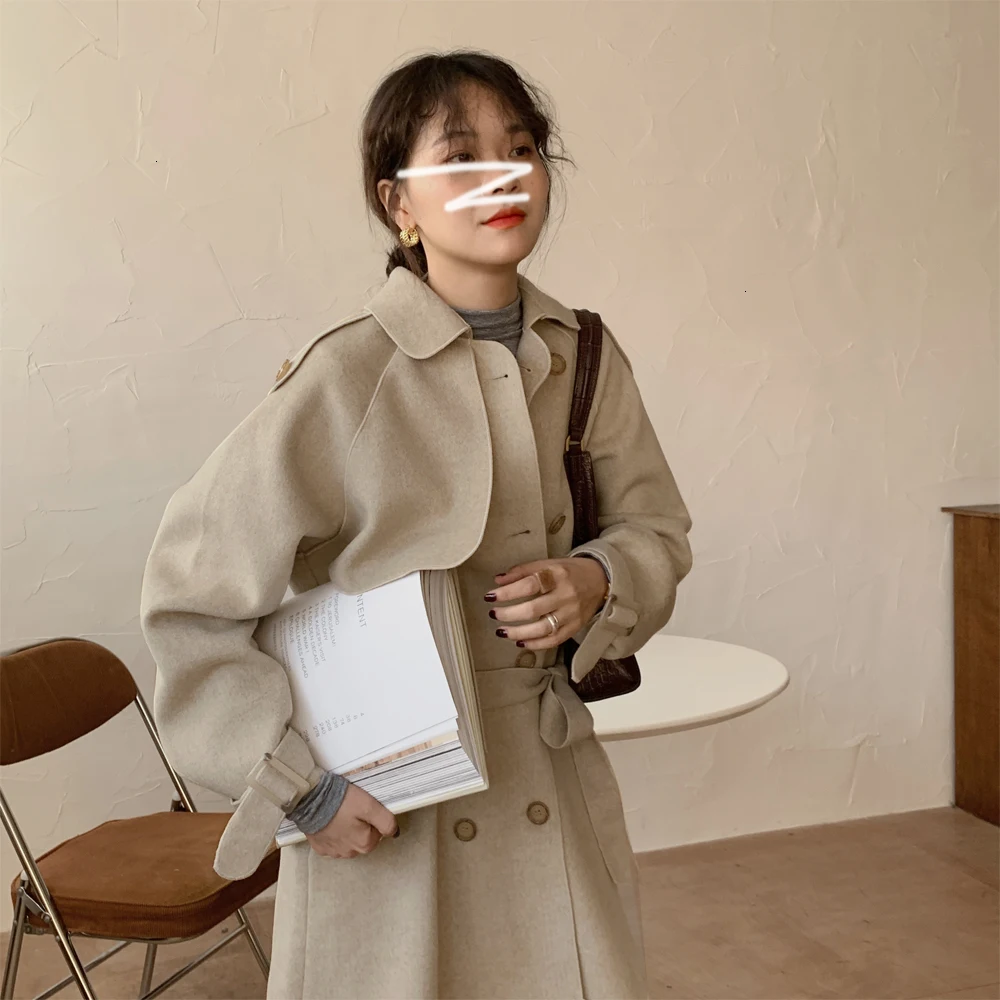 New Fashion Woolen Coat Women Double Breasted With Belt Solid Long Overcoat Female High Street Loose Causal F274