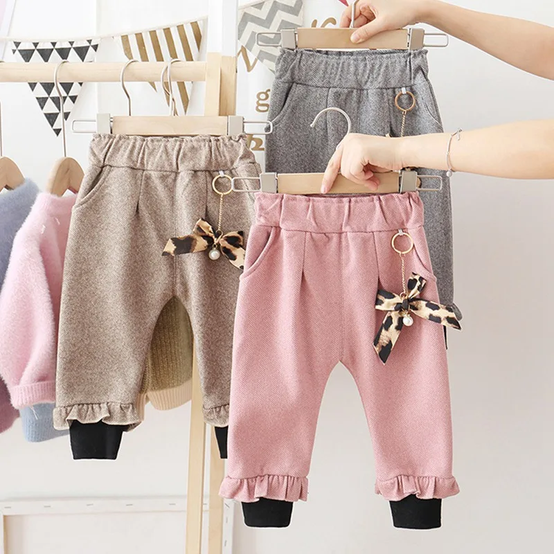 Warm Winter Baby Girls Kids Velvet Ruffles Harem Pants Leopard Bow Trousers Infants Children Princess Thicken Long Pant S10024