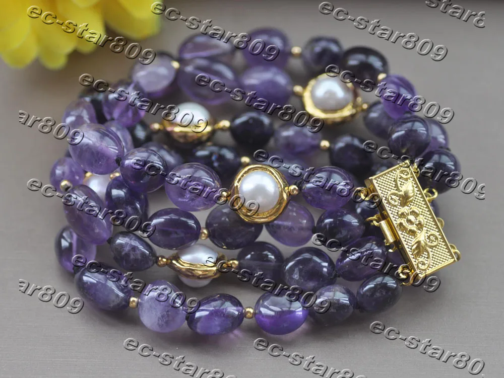 

Z11378 4Row 8" 15mm Purple Baroque Amethyst gold-plating White Pearl Bracelet