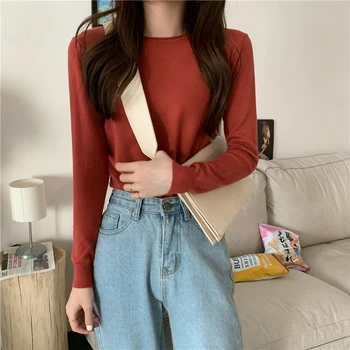 

PX2664 New simple solid color round neck thin long-sleeved T-shirt