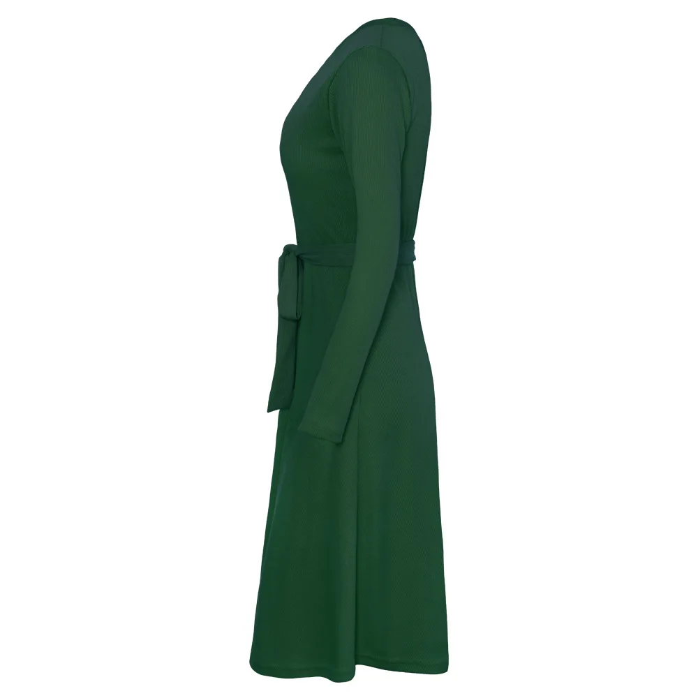 Женское Облегающее вязаное платье, теплое зимнее утолщенное Повседневное платье с длинным рукавом и поясом, черное зеленое платье, модное женское офисное платье миди