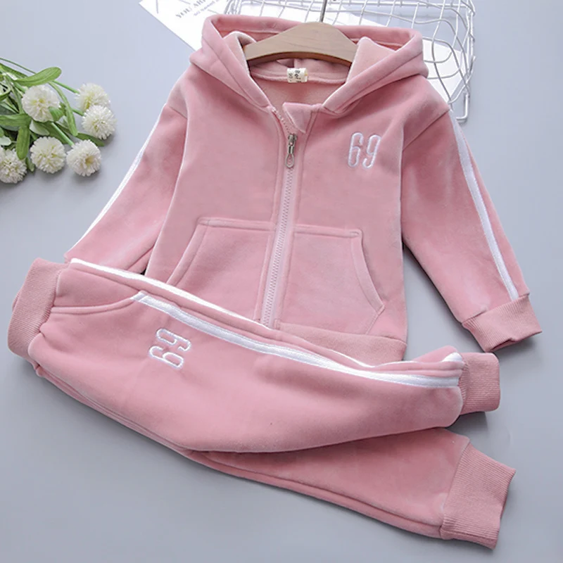 Pink Осенне-зимний спортивный костюм для мальчиков комплект одежды для детей, плотные вельветовые толстовки с капюшоном+ штаны для девочек детский спортивный костюм из 2 предметов модный спортивный костюм - Color: Pink