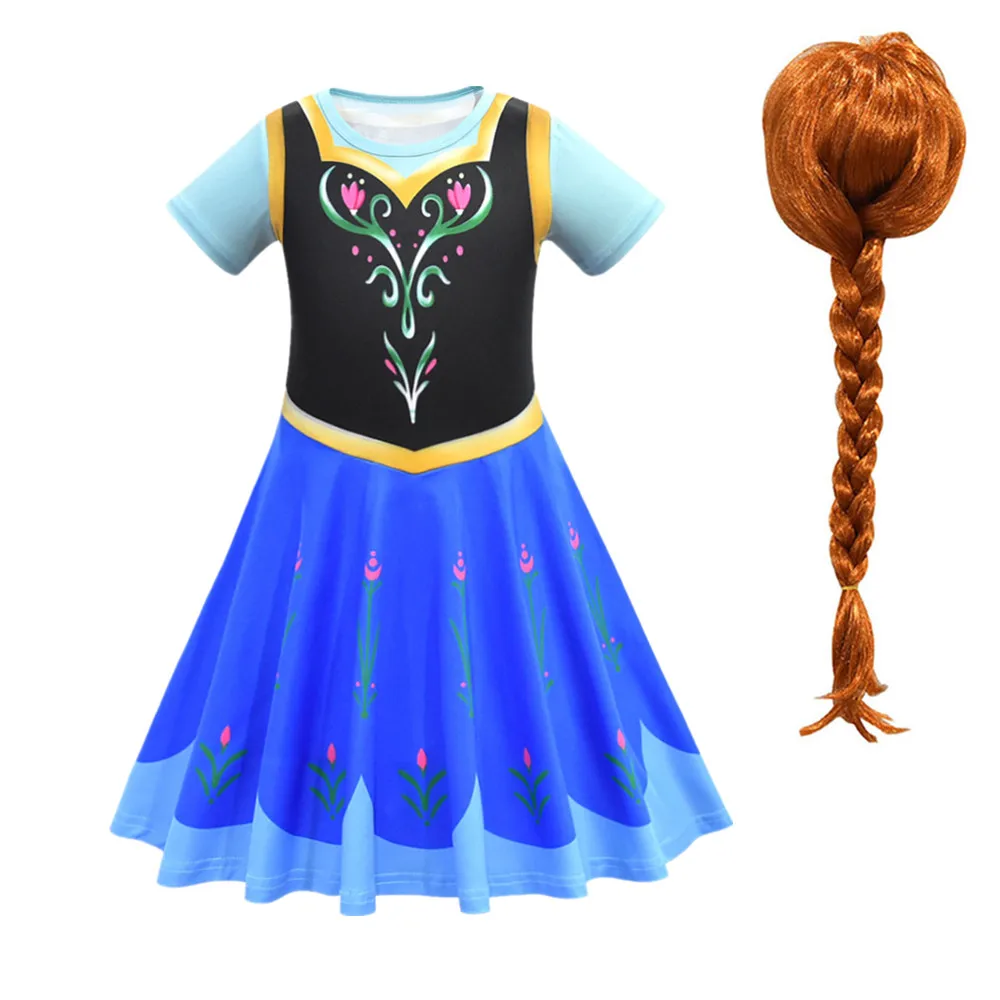 dress-2pcs Платье Эльзы для девочек костюм Снежной Королевы из 2 предметов для детей, платье принцессы Эльзы и Анны для костюмированной вечеринки детская одежда на Рождество и день рождения, парик - Цвет: dress-2pcs