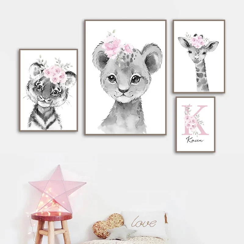 Póster personalizado con nombre de bebé para guardería, lienzo de pintura con impresión de flores rosas, animales, arte de pared para decoración de dormitorio de niñas - Imagen 4