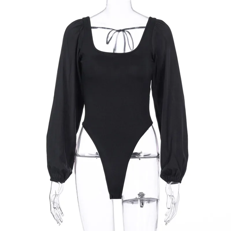 Fahsion Women Sexy Long Puff Sleeve Bandage Bodysuit One-piece Clubwear Backless Lace-up Leotard Square Neck Jumpsuit Rompers