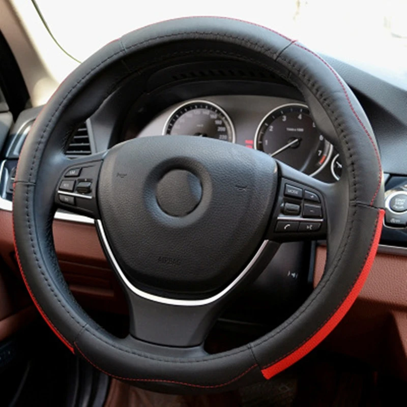 Red Автомобильный кожаный чехол на руль 38 см, верхний слой из воловьей кожи, четыре сезона, универсальный дышащий чехол на руль для салона автомобиля - Название цвета: Red