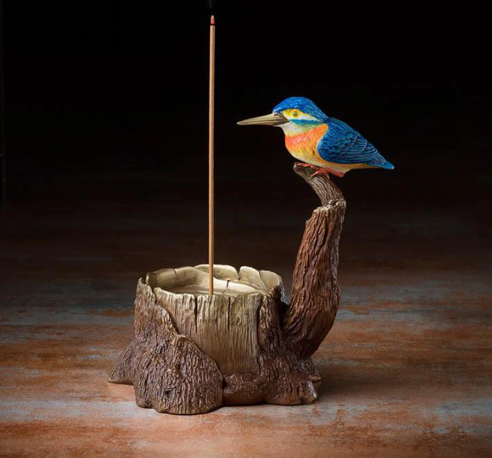 17 CM Chinese Art Deco Brass painted kingfisher stump Incense holder sculpture Decoration Home Furnishings Gift Statue | Дом и сад