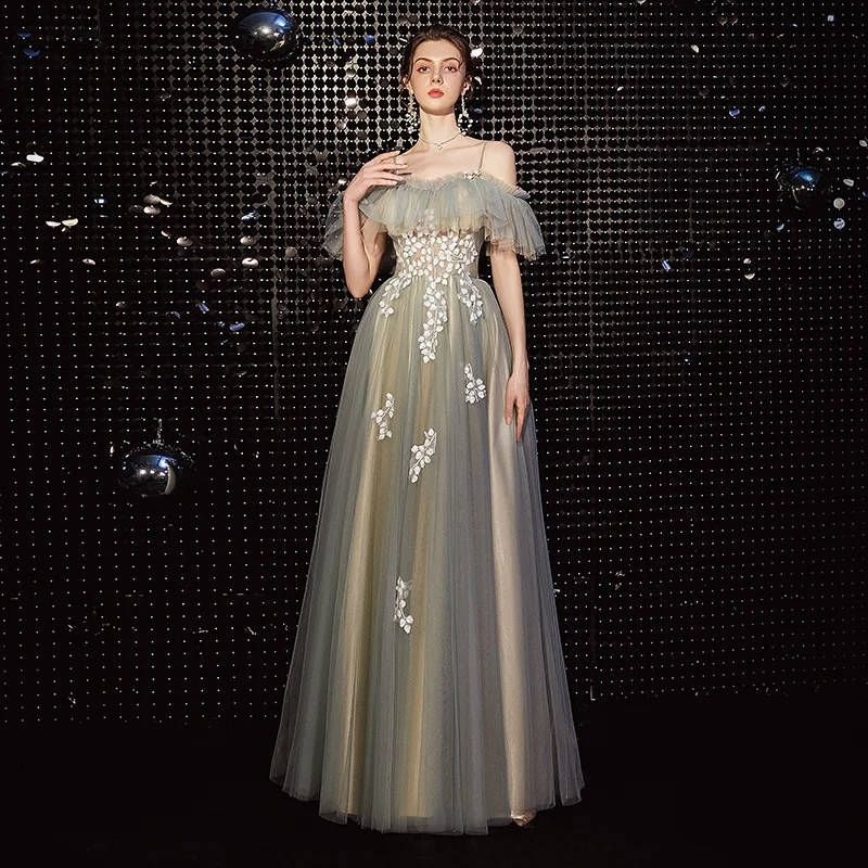 SSYFashion Новое романтическое светло-зеленое вечернее платье кружевной вырез лодочкой Аппликации длиной до пола длинное официальное вечернее платье Vestido De Noche - Цвет: light green