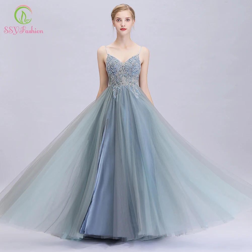 SSYFashion, новинка, сексуальное вечернее платье с v-образным вырезом, серое, зеленое, с блестками, с бисером, без спинки, в пол, вечерние платья, Robe De Soiree
