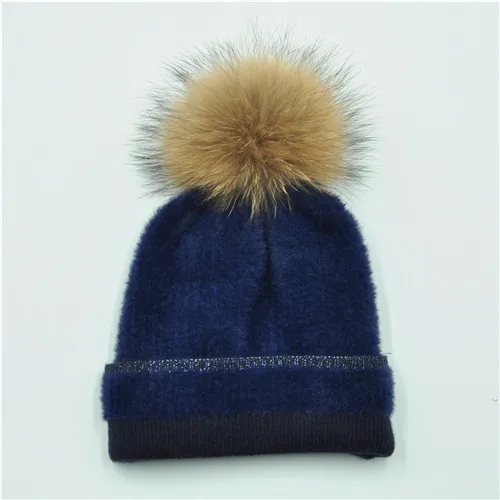 Navy natural fur Вязаные шапки из искусственного меха норки, женские зимние теплые шапки, модные шапочки, повседневная женская шапка, высокое качество, натуральный мех, помпон, зимняя шапка - Цвет: Navy natural fur
