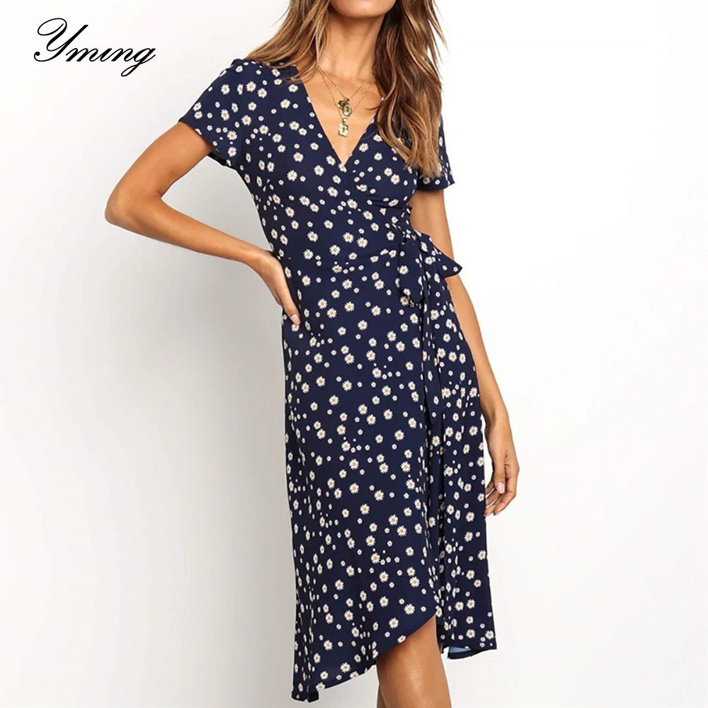 

Yming Boho Floral Print Women Long Dress Elegent Party Summer Beach Sundress Casual Short Sleeve Midi Dresses Vintage Vestidos