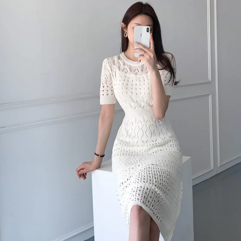 

WTIANYUW New Korea Chic Elegant Dress Woman Slim Waist Hollow O Neck Apricot Knit Dresses Female 2021 Summer Casual Mid Vestidos