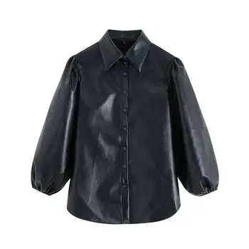 

Spring Fall Women Office Chic Pu Leather Blouse Shirt Turn-Down Collar Black Shirt Casual Female Lantern Sleeve Shirt