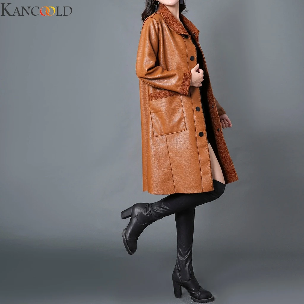 KANCOOLD, черный, красный цвет, Элегантное Длинное весеннее толстое женское кожаное пальто, с длинным рукавом, с поясом, с карманом, Женская куртка, новая мода