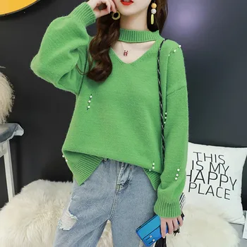 

Women's Hollow Solid Color Out Pearl Beaded Sweater Fashion Chic Round Neck Sweaters Loose Casual Long Sleeve Knit Pullover