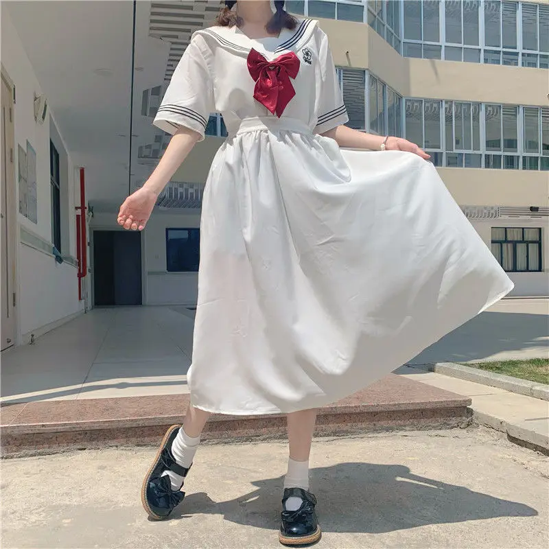 Harajuku Sailor Collar Navy Dress Japanese Lolita Sweet Bow-knot Girl Retro Cotton Kawaii Preppy Style Short Sleeve Dress Women