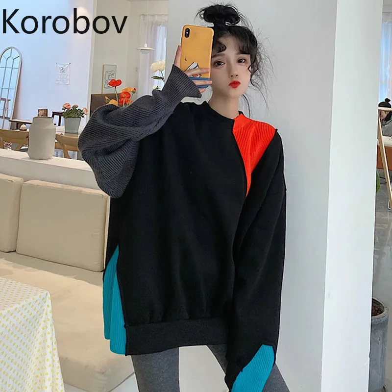 Коробов осень-зима новые толстовки с капюшоном и длинными рукавами в Корейском стиле, хит Цвет пэчворк в полоску с круглым вырезом Кофты Харадзюку уличная одежда пуловер 79431