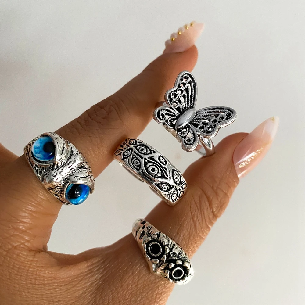 FAMSHIN Retro Punk Butterfly Snake Ring For Men Women Personality Geometry Antique Siver Color Fashion Opening Adjustable Rings