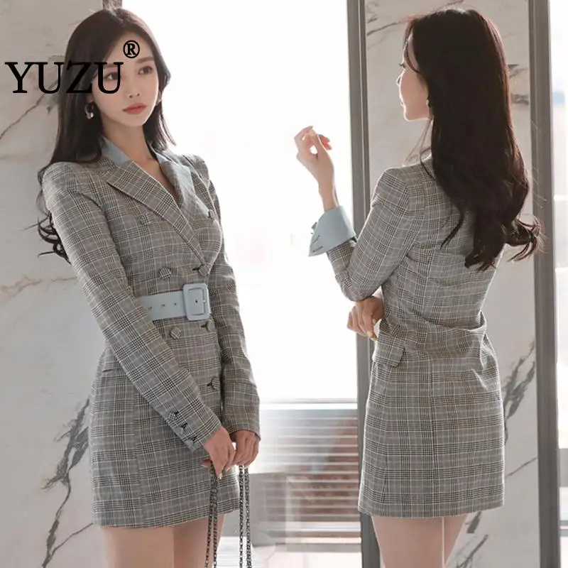 

Blazer Feminino Korean Women Plaid Long Clothes 2019 Fall Winter Fashion Belt Gray Double-breasted Long Sleeve Jacket Suits