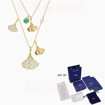 

Fashion Jewelry SWA New STUNNING GINKO LAYERED NECKLACE Element Ginkgo Leaf Decorative Crystal Female Romantic Gift