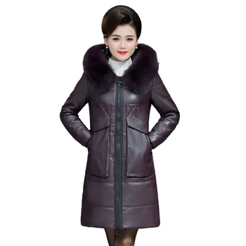 

PU Cotton jacket Large size winter ladies jacket Fur Collar Leather Coats 2019 Winter Warm Jacket Mid-length cotton Women PU