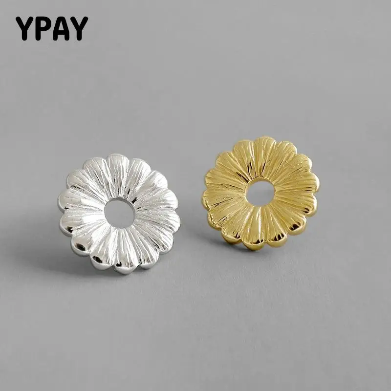 

YPAY 100% Solid 925 Sterling Silver Stud Earrings for Women Korea Geometric Round Flower Earring Jewelry New Year Gifts YME644