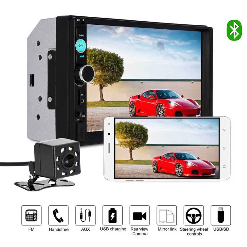 

7Inch Car Stereo Radio Set MP5 MP3 Player Bluetooth Hands-free 2Din Rear View Camera NJ88
