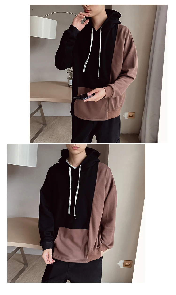 Autumn Man Hoodies Hit Color Patchwork Men's Sweatshirts Black Brown Khaki M-5XL Men Hooded Sweatshirts