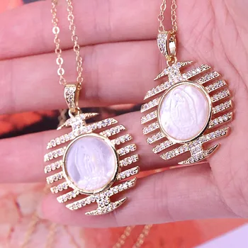 

New Fashion 4Pcs Round Shaped CZ Micro Pave Shell Mary Pendant Necklace Gold Color Religion Jewelry